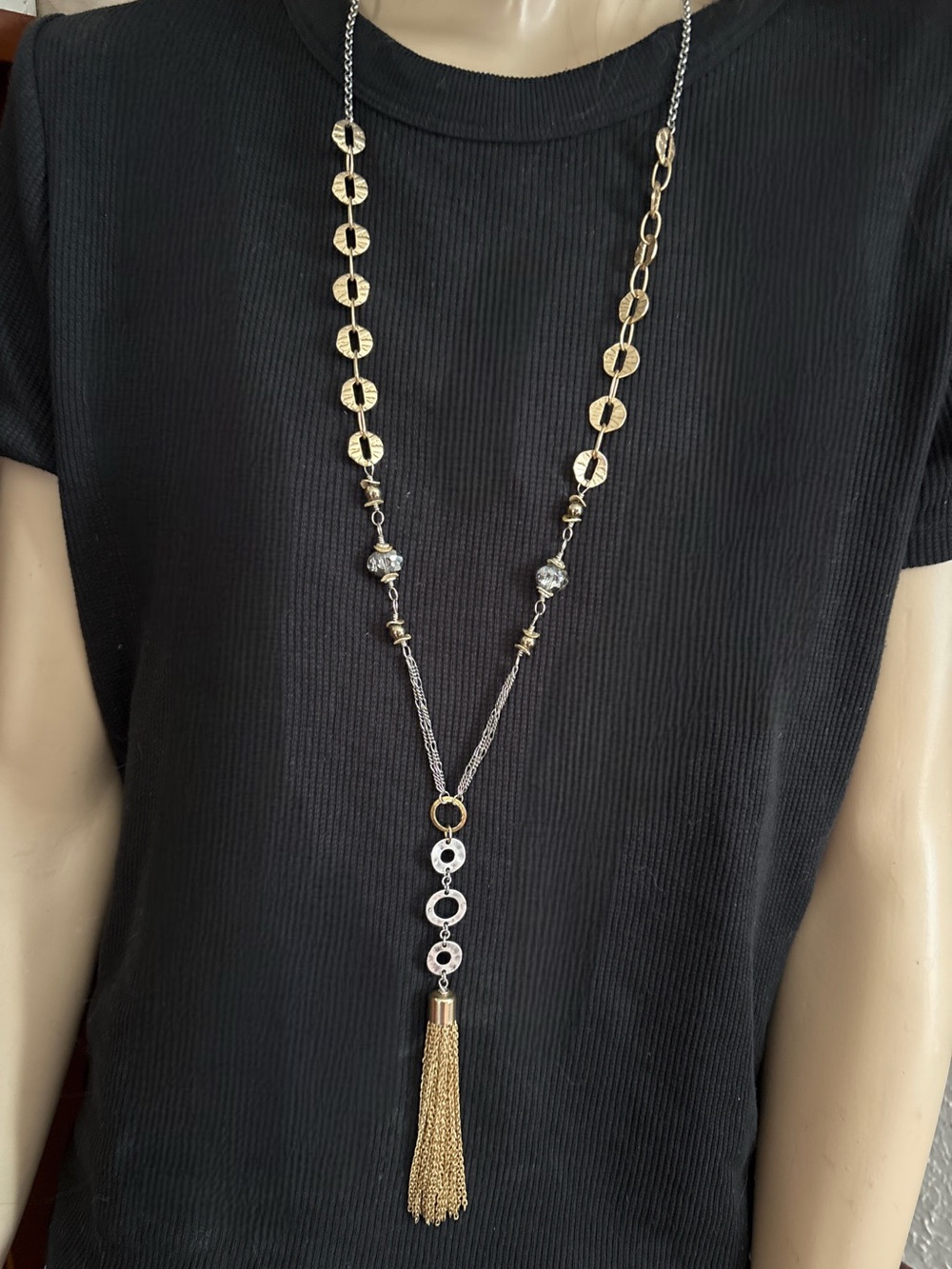 Anne Vaughan 35” Adjustable Chandelier tassel necklace gold and silver tones